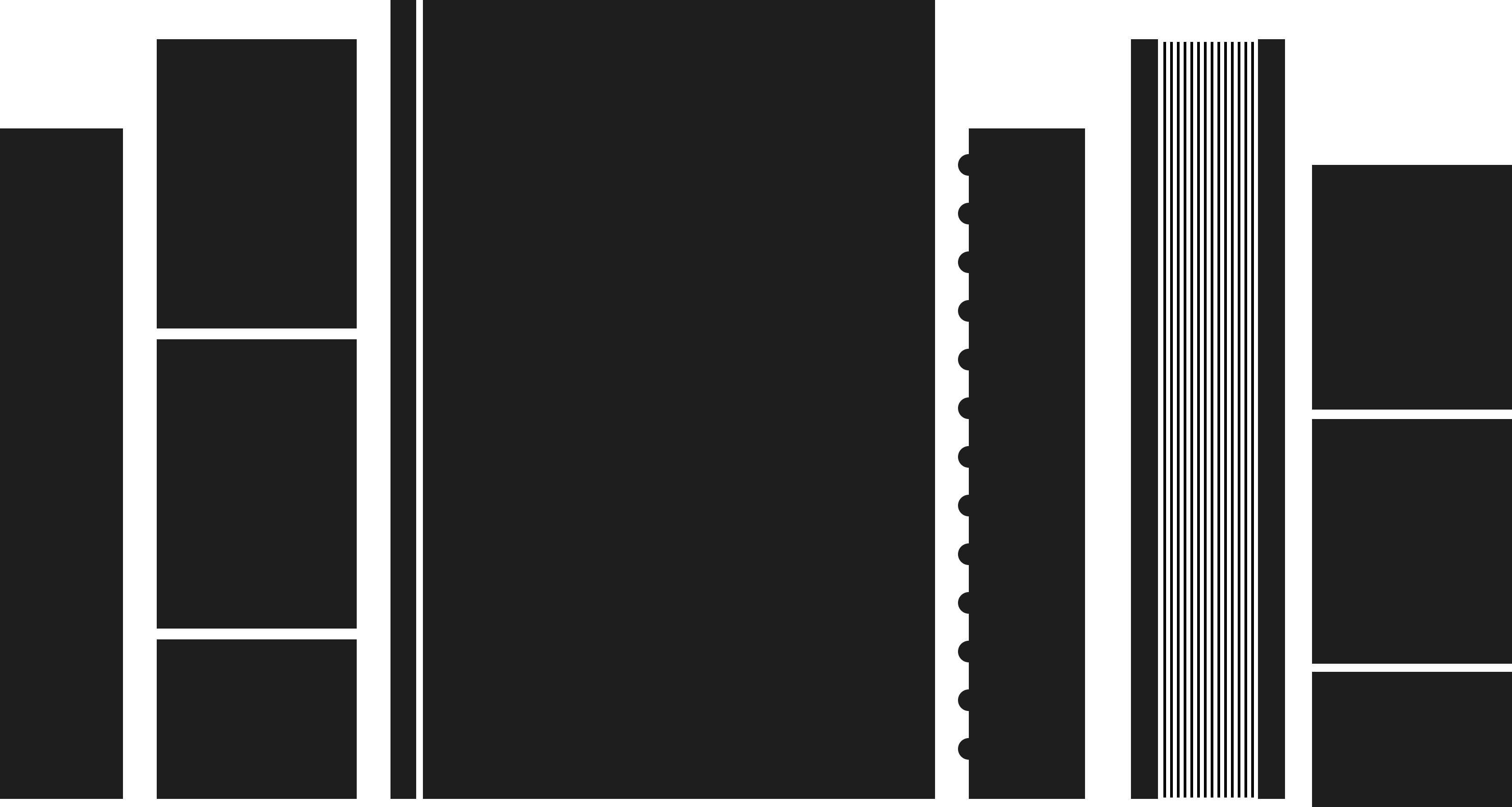Black silhouette illustration of six books of various sizes, some standing vertically and others stacked horizontally, showing different spine designs including vertical lines and dots.