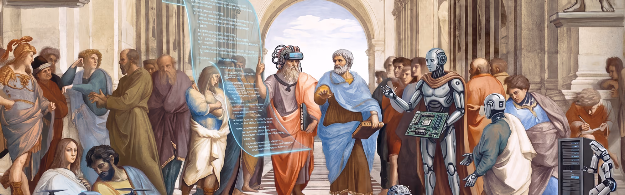 A futuristic reinterpretation of Raphael's The School of Athens featuring classical philosophers and modern robots wearing VR headsets and holding computer hardware in a grand architectural setting.