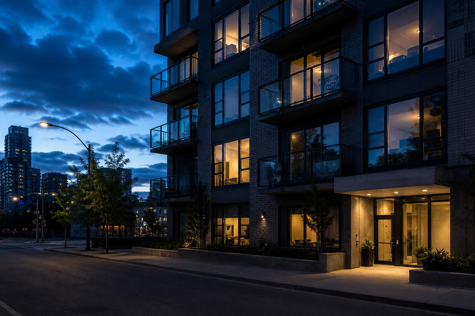 Modern apartment building at dusk with warm lit windows.
