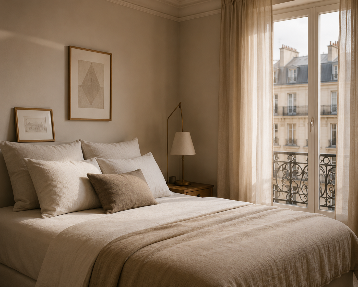 Chambre aux tons beiges avec vue sur un balcon parisien en fer forgé
