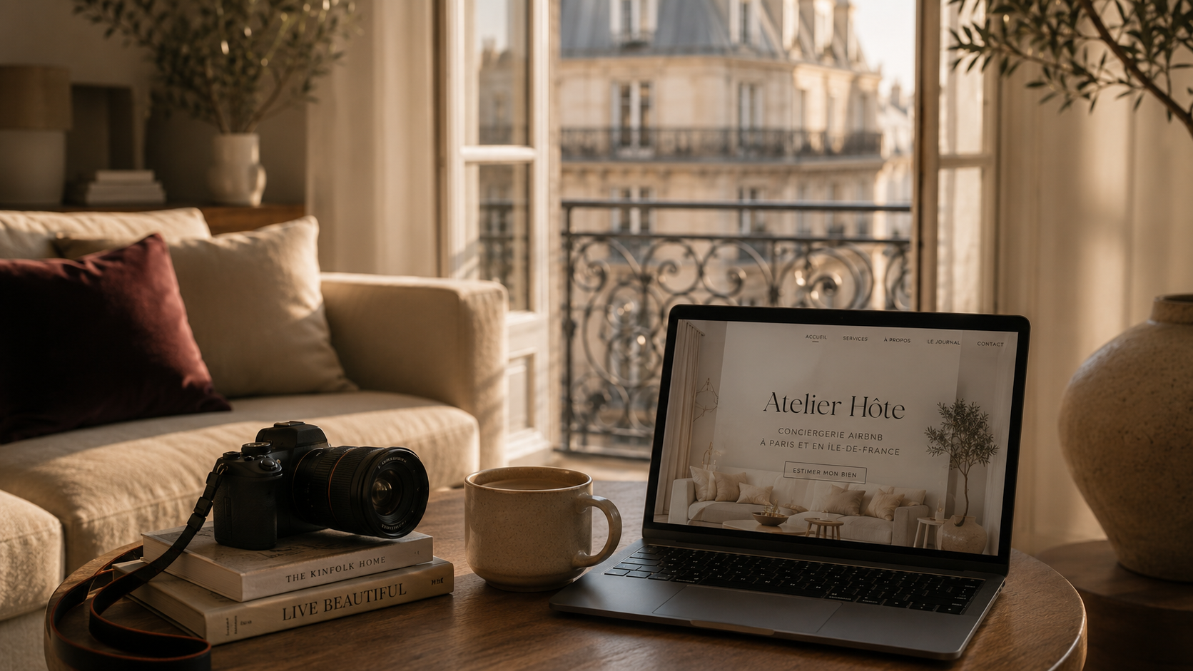 Ordinateur portable affichant le site Atelier Hôte, face à une fenêtre parisienne
