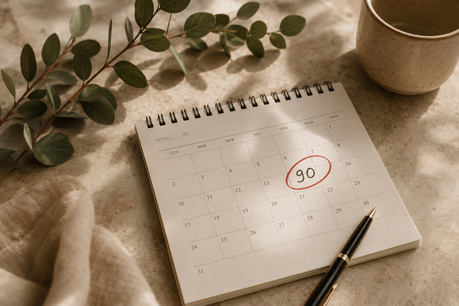 Calendrier avec le nombre 90 entouré au feutre rouge
