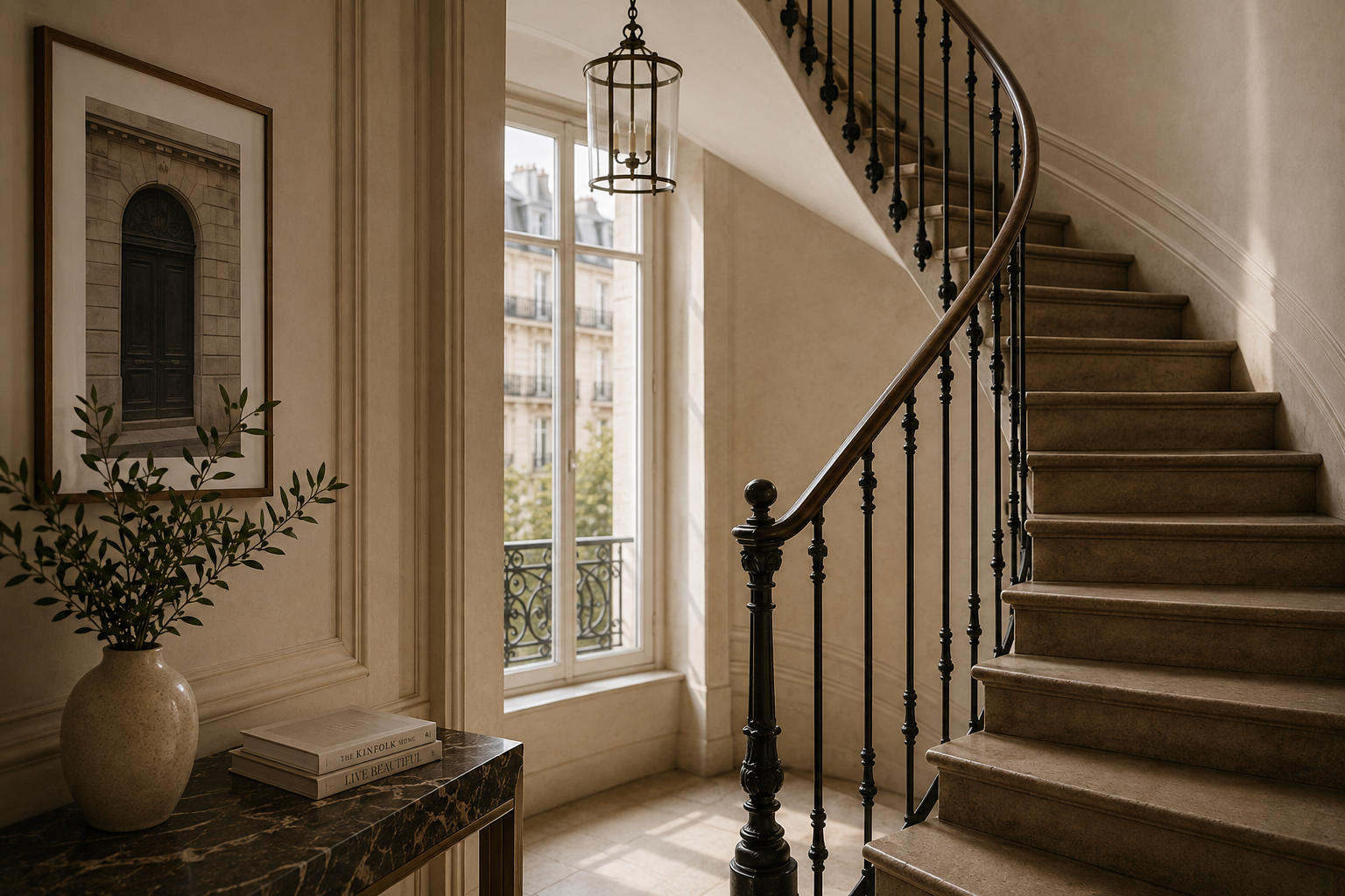 Cage d'escalier en fer forgé dans un immeuble parisien ancien