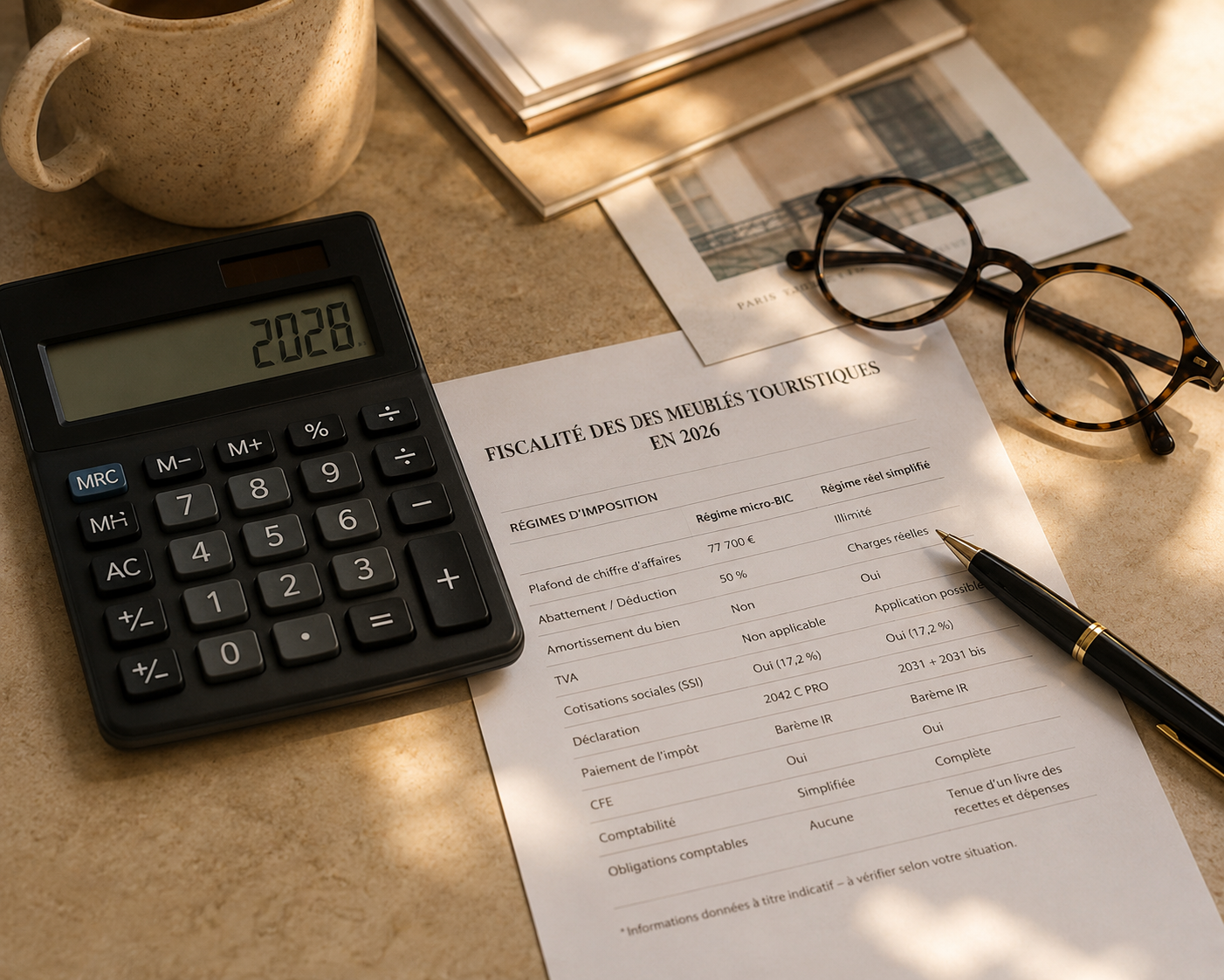 Document de fiscalité des meublés touristiques, calculatrice et lunettes sur un bureau