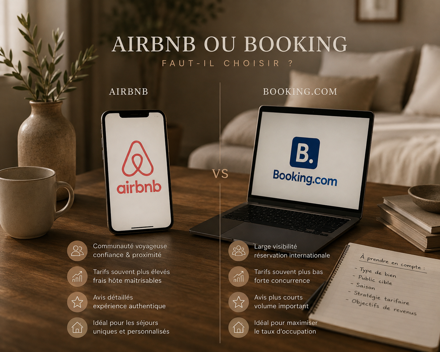 Comparaison visuelle entre les applications Airbnb et Booking.com, sur téléphone et ordinateur