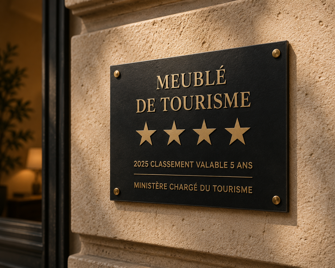 Plaque de classement quatre étoiles « Meublé de tourisme » apposée sur une façade