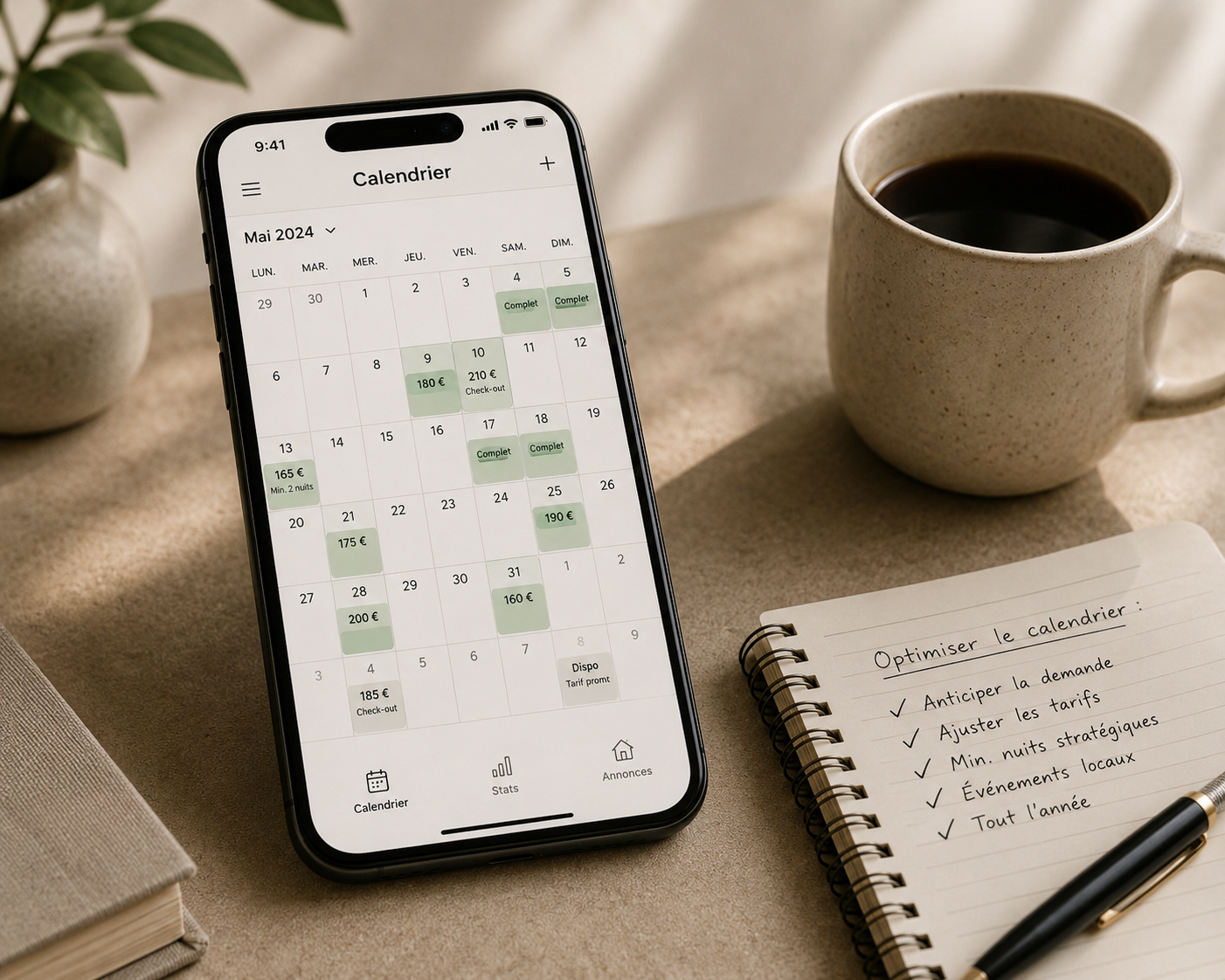 Smartphone affichant un calendrier de réservations avec les tarifs par nuit