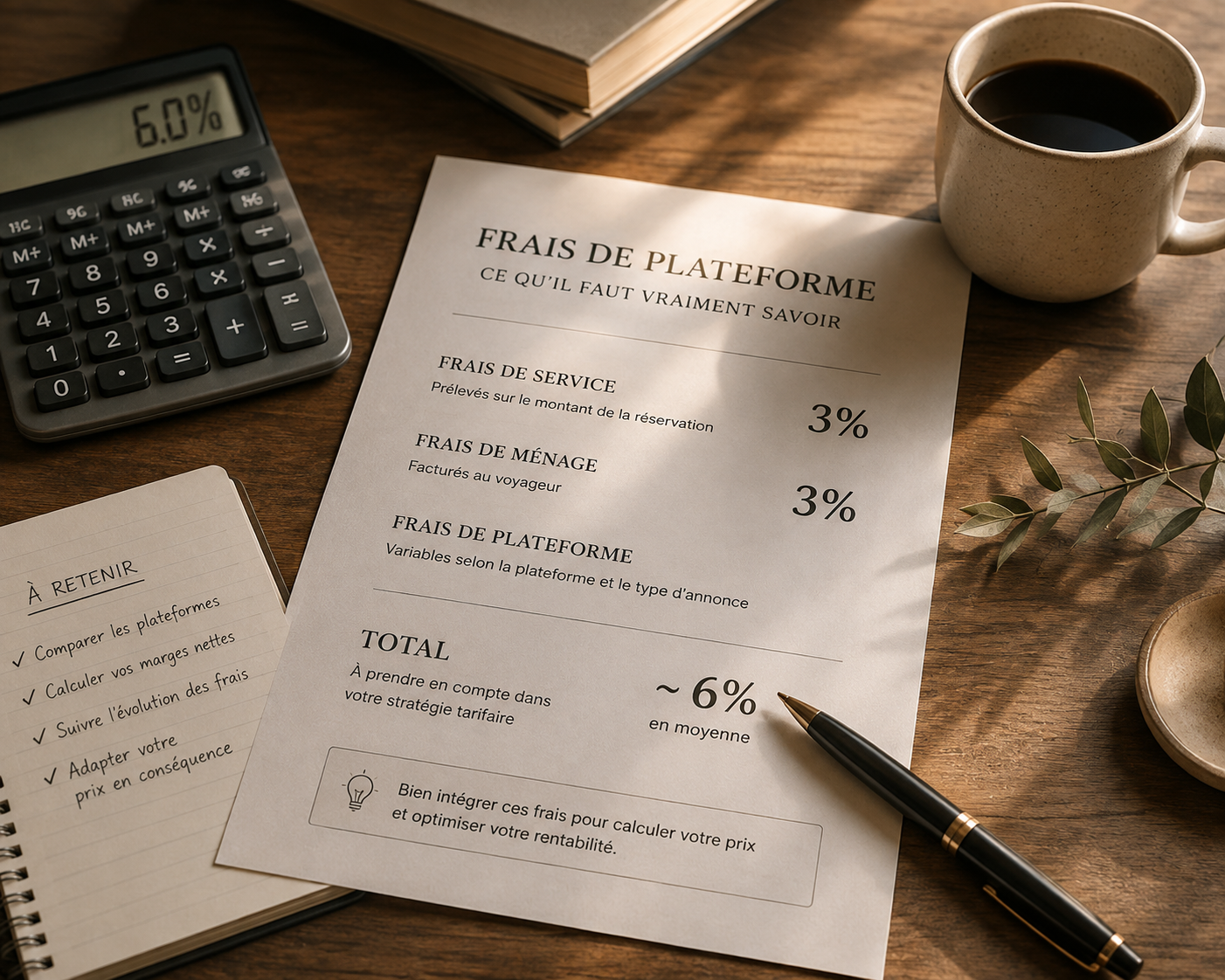 Feuille récapitulative des frais de plateforme, calculatrice et tasse de café sur un bureau