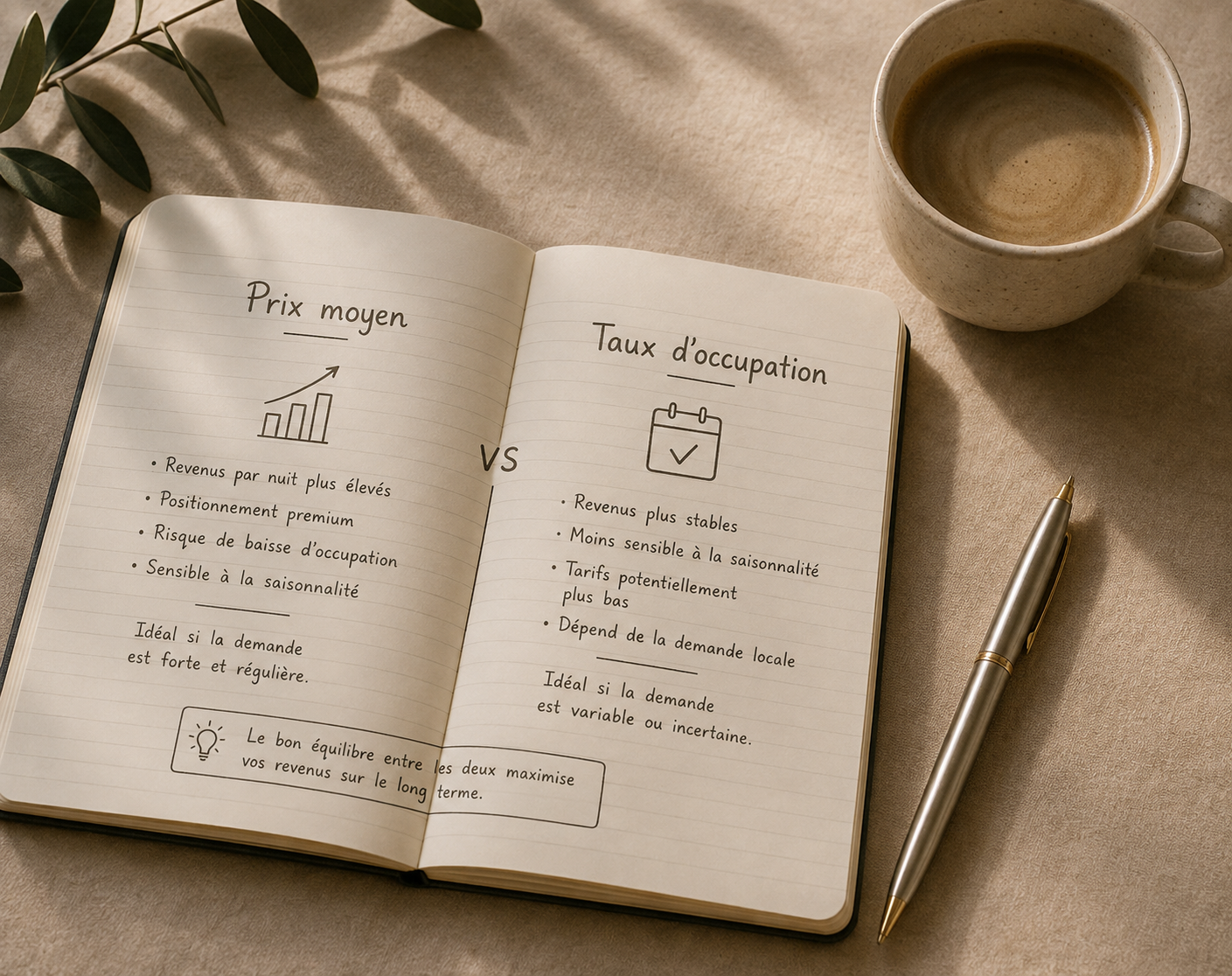 Carnet ouvert comparant prix moyen et taux d'occupation, à côté d'un café