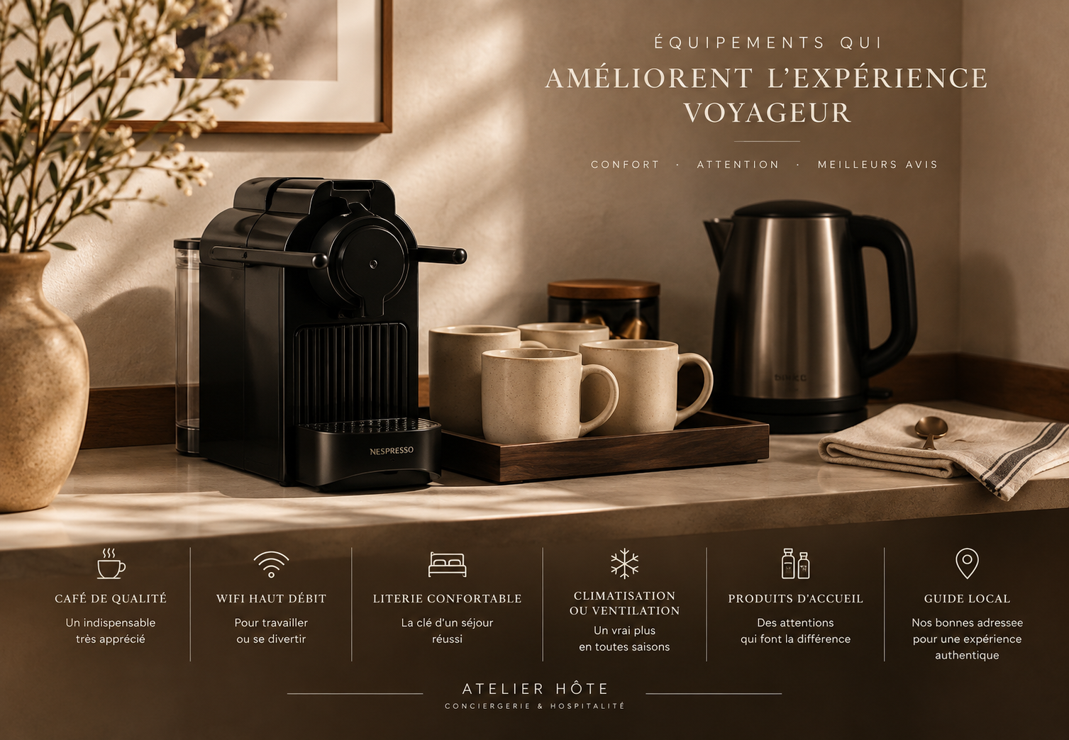 Machine à café, bouilloire et tasses disposées sur un plan de travail