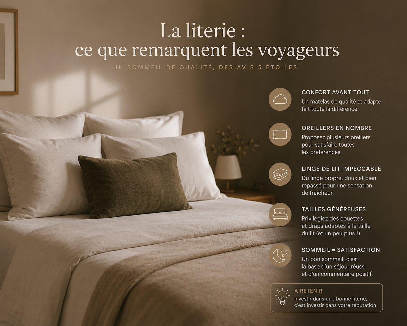 Lit soigneusement fait avec linge blanc et coussin vert olive