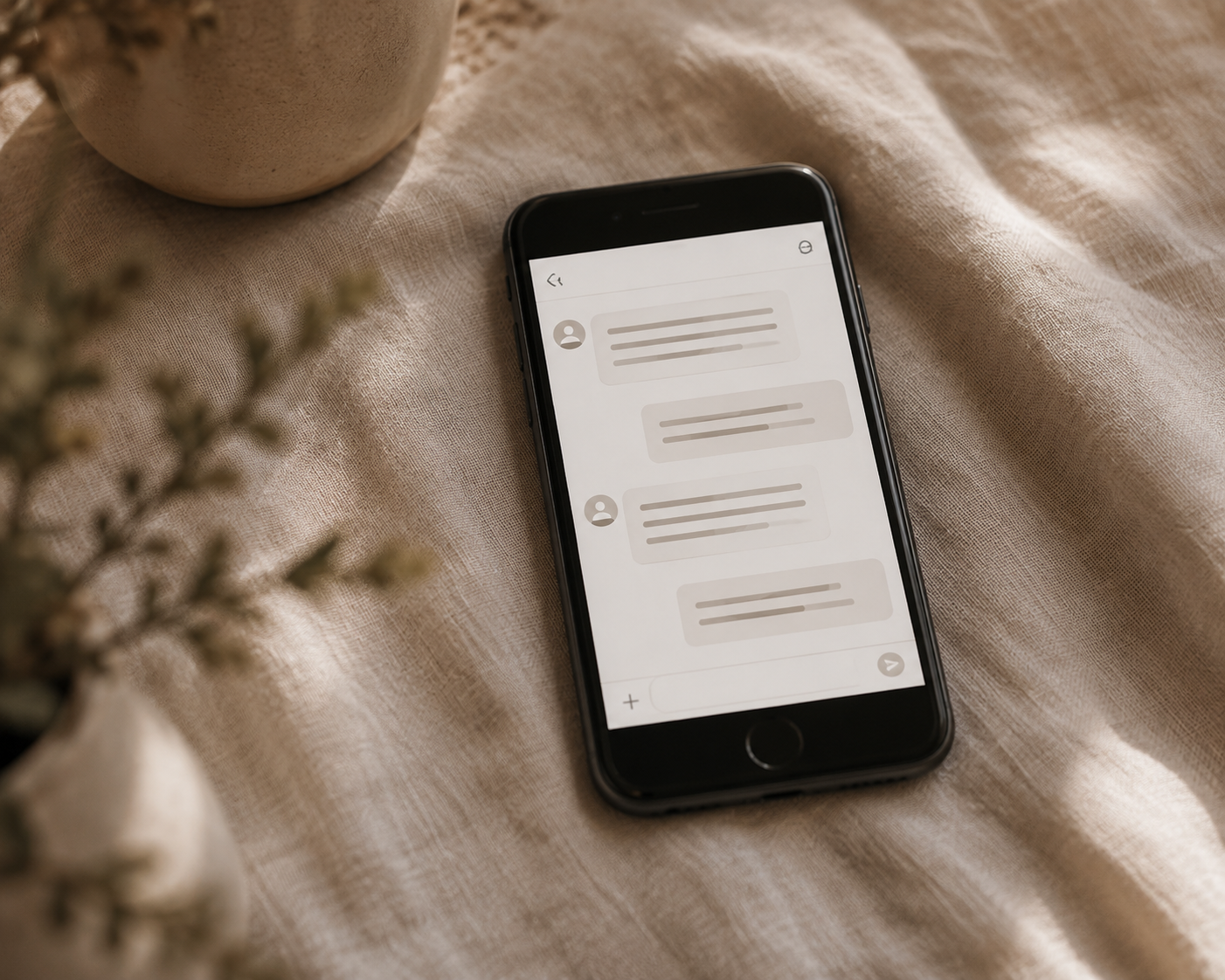 Smartphone affichant une conversation de messages, posé sur un lit en lin
