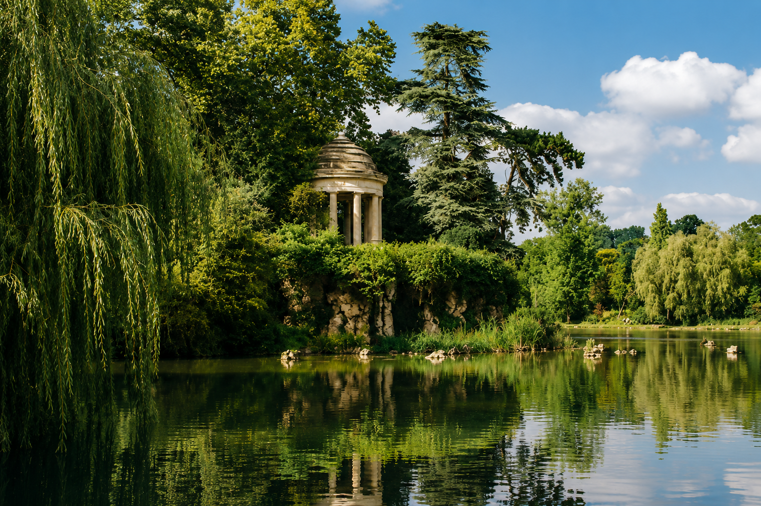 Le lac et le temple néoclassique du Bois de Vincennes entourés de verdure