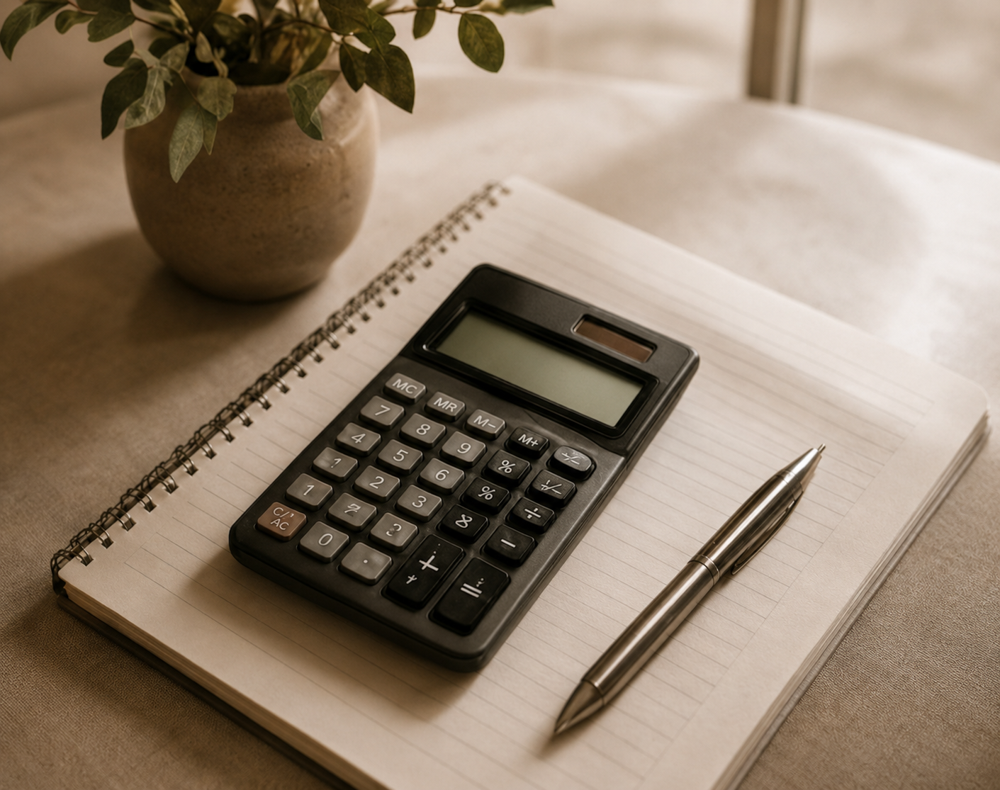 Calculatrice, carnet ouvert et stylo sur une table, avec une plante en arrière-plan