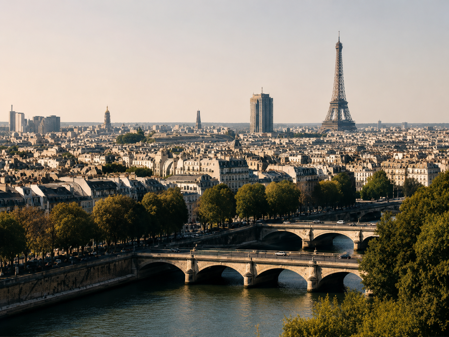 Vue aérienne de Paris avec la Seine et la tour Eiffel au loin