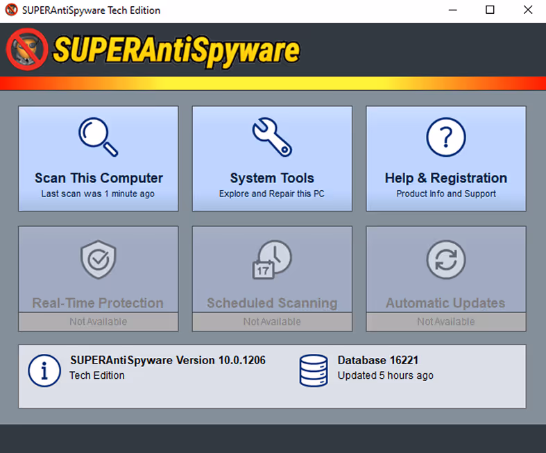 SUPERAntiSpyware Tech Edition interface showing options to Scan This Computer, System Tools, and Help & Registration, with Real-Time Protection, Scheduled Scanning, and Automatic Updates marked as not available, plus version and database info.