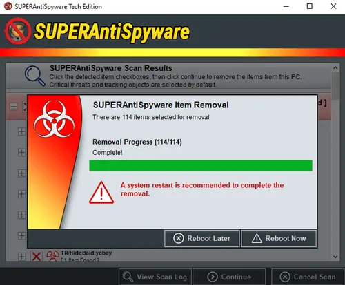 SUPERAntiSpyware window showing item removal complete for 114 items with a green progress bar and a red warning recommending system restart, and options to reboot now or later.