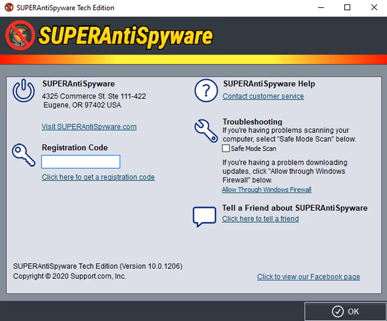 SUPERAntiSpyware Tech Edition help window displaying registration code entry, customer service link, troubleshooting tips, and friend referral option.