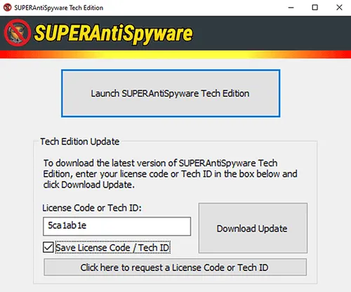 SUPERAntiSpyware Tech Edition update window showing input field for license code or tech ID and buttons to download update or request code.