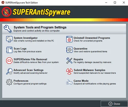 SUPERAntiSpyware Tech Edition interface showing System Tools and Program Settings with options like System Investigator, Uninstall Unwanted Programs, Scan Logs, Quarantine, SUPERDelete File Removal, Repairs, Advanced Scan Settings, Submit Malware Samples, Preferences, and Game Mode, with a Done button at the bottom right.