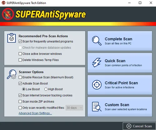 SUPERAntiSpyware software interface showing recommended pre-scan actions, scanner options, and scan types including Complete, Quick, Critical Point, and Custom Scan with a Cancel Scan button.