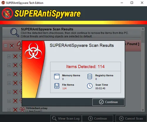 SUPERAntiSpyware scan results window showing 114 items detected, all file items, with scan time of 2 minutes 40 seconds.