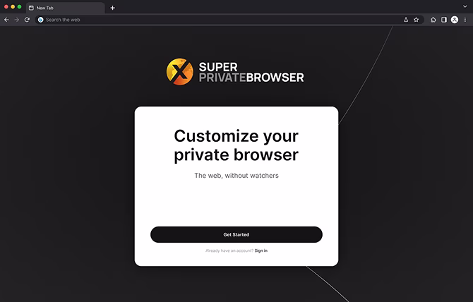 Browser window showing a black-themed website with a 'Super Private Browser' logo and a centered white box saying 'Customize your private browser' with a Get Started button.