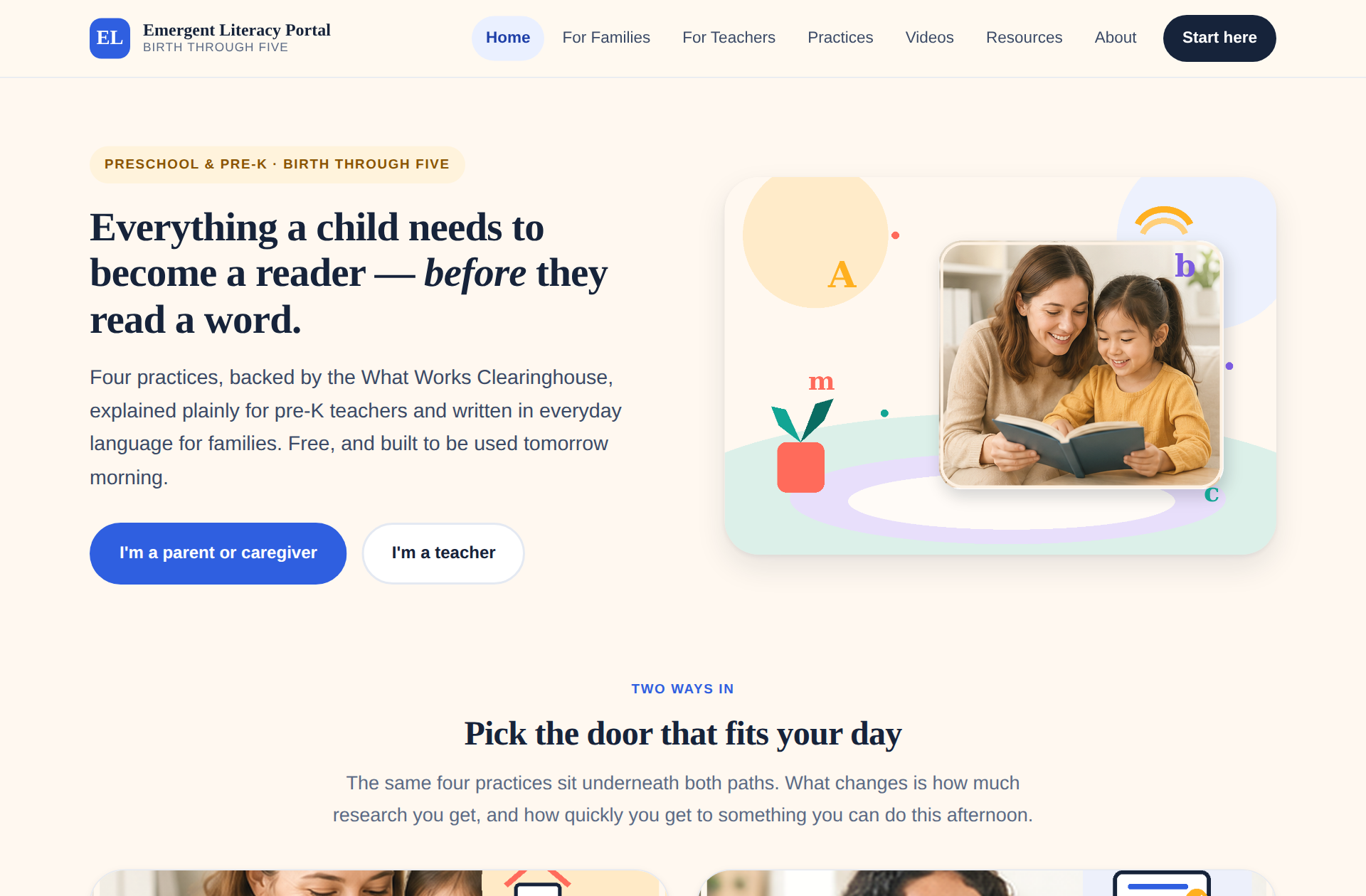 Homepage of the Emergent Literacy Portal