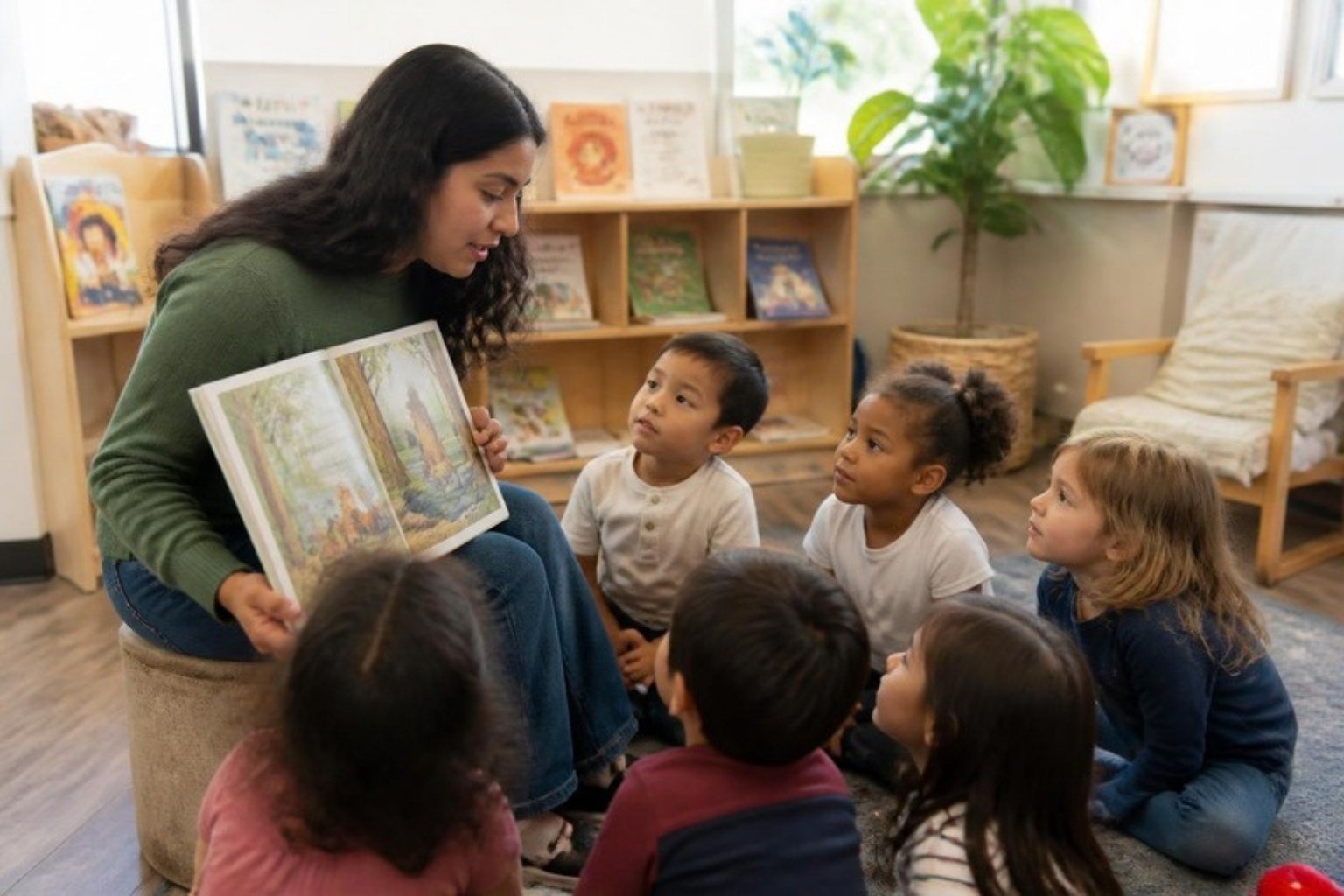 A literacy specialist reading with preschool students at Bridges Public Charter School