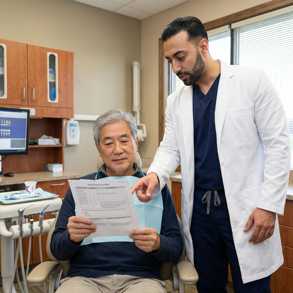 A dentist at C. Patrick Gray, DDS. in Flint points to a cleaning schedule on a treatment plan for an attentive patient.