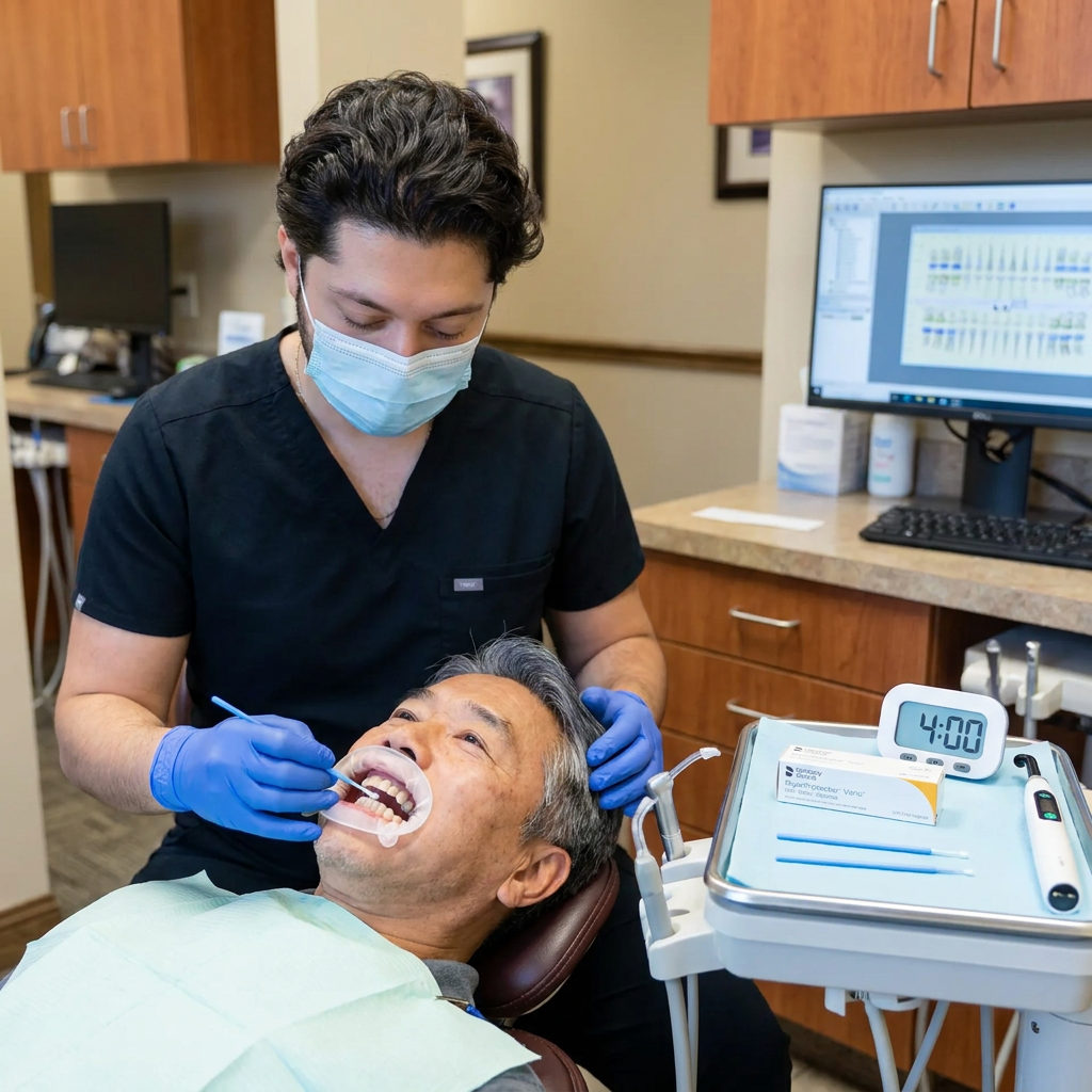 A dentist at C. Patrick Gray, DDS. in Flint applies fluoride varnish to a patient teeth using a small brush and specialized tray tools.