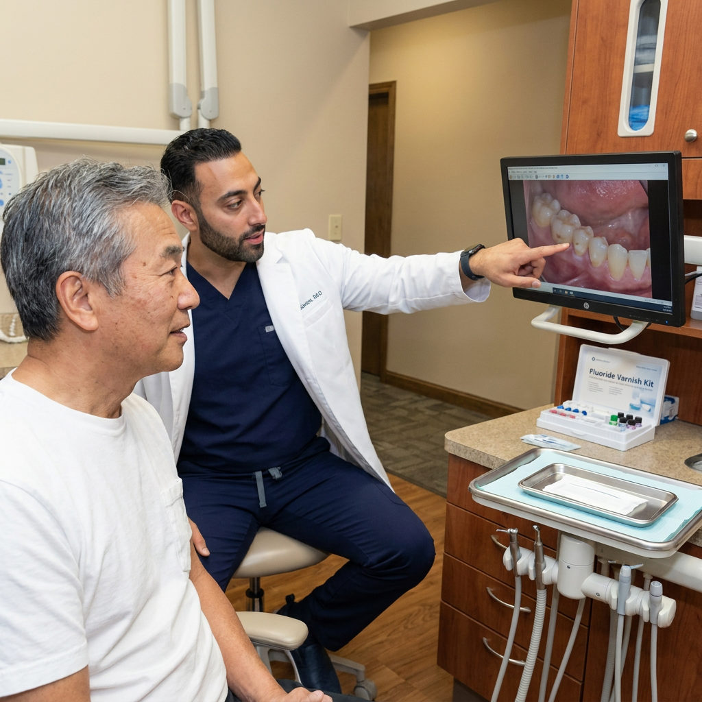 A dentist at C. Patrick Gray, DDS. in Flint points to a monitor while discussing fluoride treatment with an attentive patient.