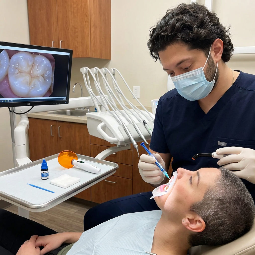 A dentist at C. Patrick Gray, DDS. in Flint applies sealant to a patient tooth while a monitor shows a magnified view of the surface.