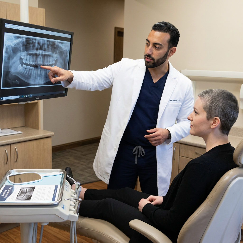 A Flint dentist at C. Patrick Gray, DDS. points to a digital X-ray while discussing dental sealants with a patient in the chair.