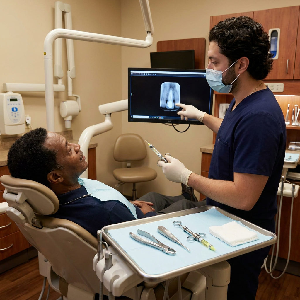 A C. Patrick Gray, DDS. dentist in Flint reviews a digital tooth radiograph on a monitor while a patient listens to the extraction plan.