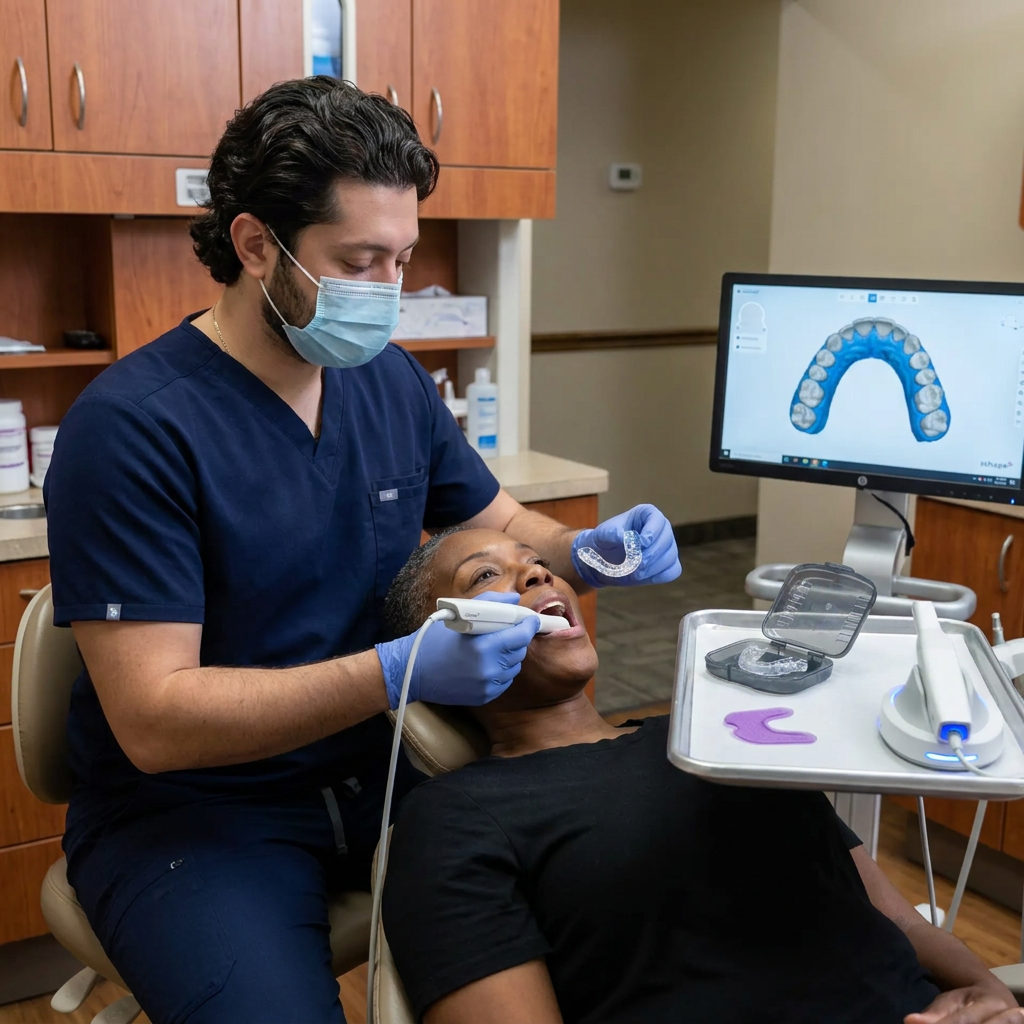 A C. Patrick Gray, DDS. clinician in Flint uses an intraoral scanner and holds a clear night guard near a patient during a 3D scan.