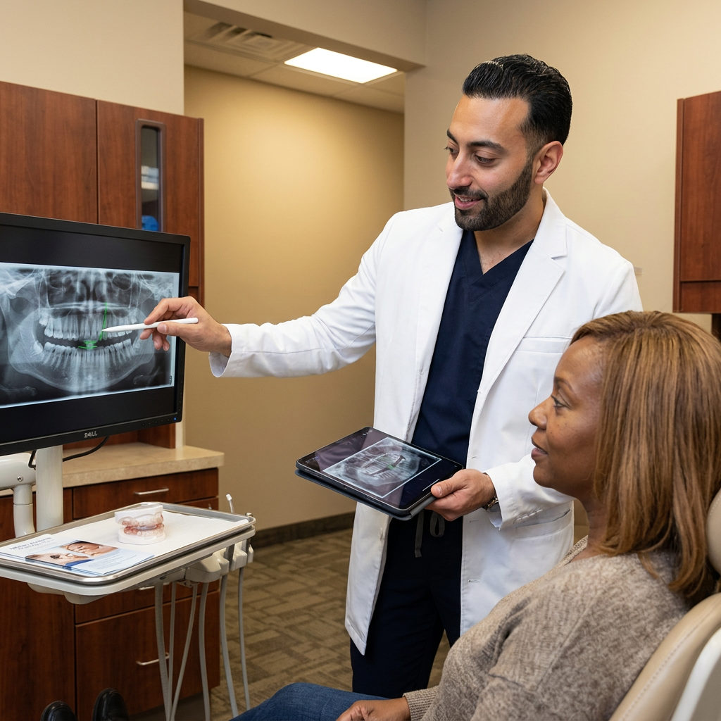 A C. Patrick Gray, DDS. dentist in Flint uses a tablet to show a sleep apnea patient her airway on a digital X-ray monitor.