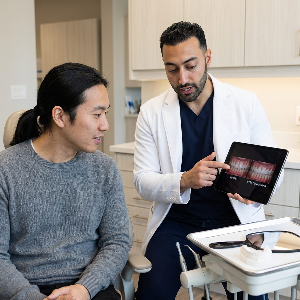 A C. Patrick Gray, DDS. dentist in Flint shows a patient tooth contouring results on a tablet during a consultation.