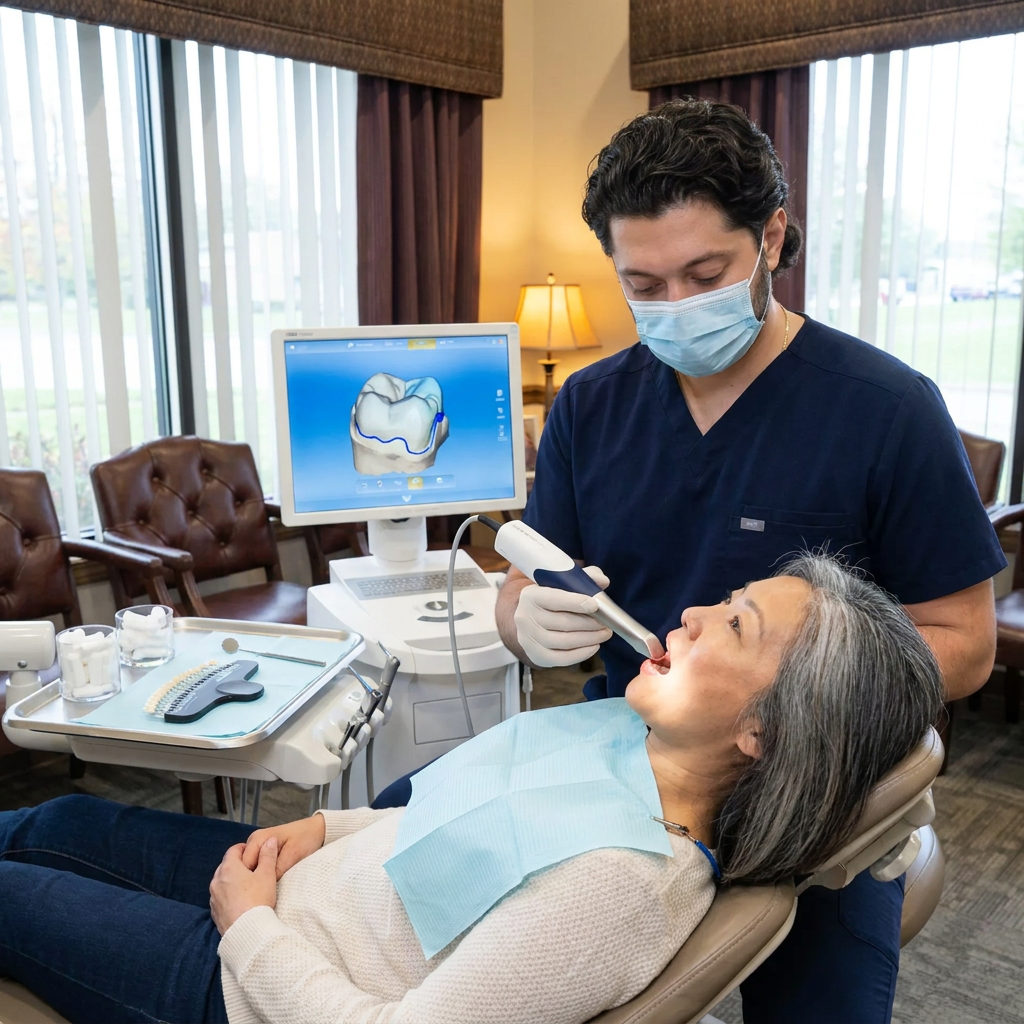 A dentist at C. Patrick Gray, DDS. in Flint uses a CEREC Primescan to create a digital impression for a woman's same-day ceramic crown.