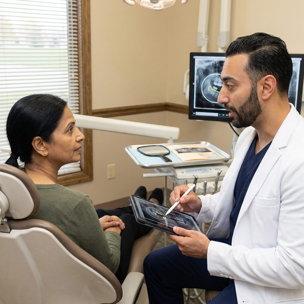 A dentist at C. Patrick Gray, DDS. in Flint shows a patient a digital X-ray on a monitor to discuss a dental bridge treatment plan.