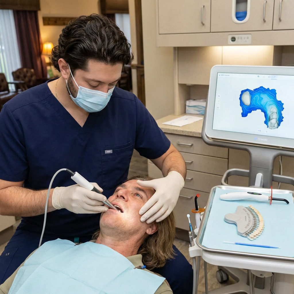 A C. Patrick Gray, DDS. clinician in Flint uses a CEREC intraoral scanner to create a 3D digital impression for a ceramic onlay.