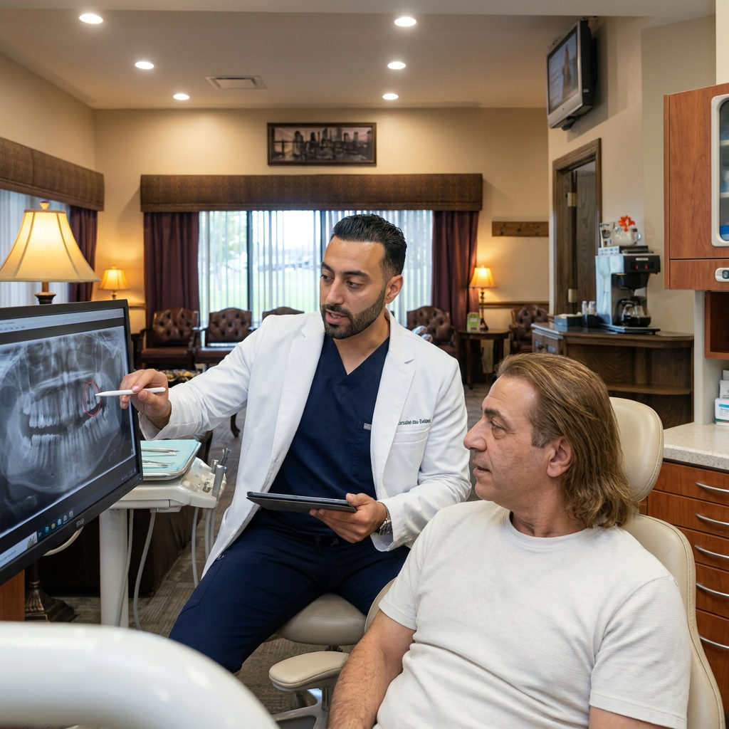 A C. Patrick Gray, DDS. dentist in Flint, MI uses a tablet to explain a dental onlay and X-ray to an attentive patient.