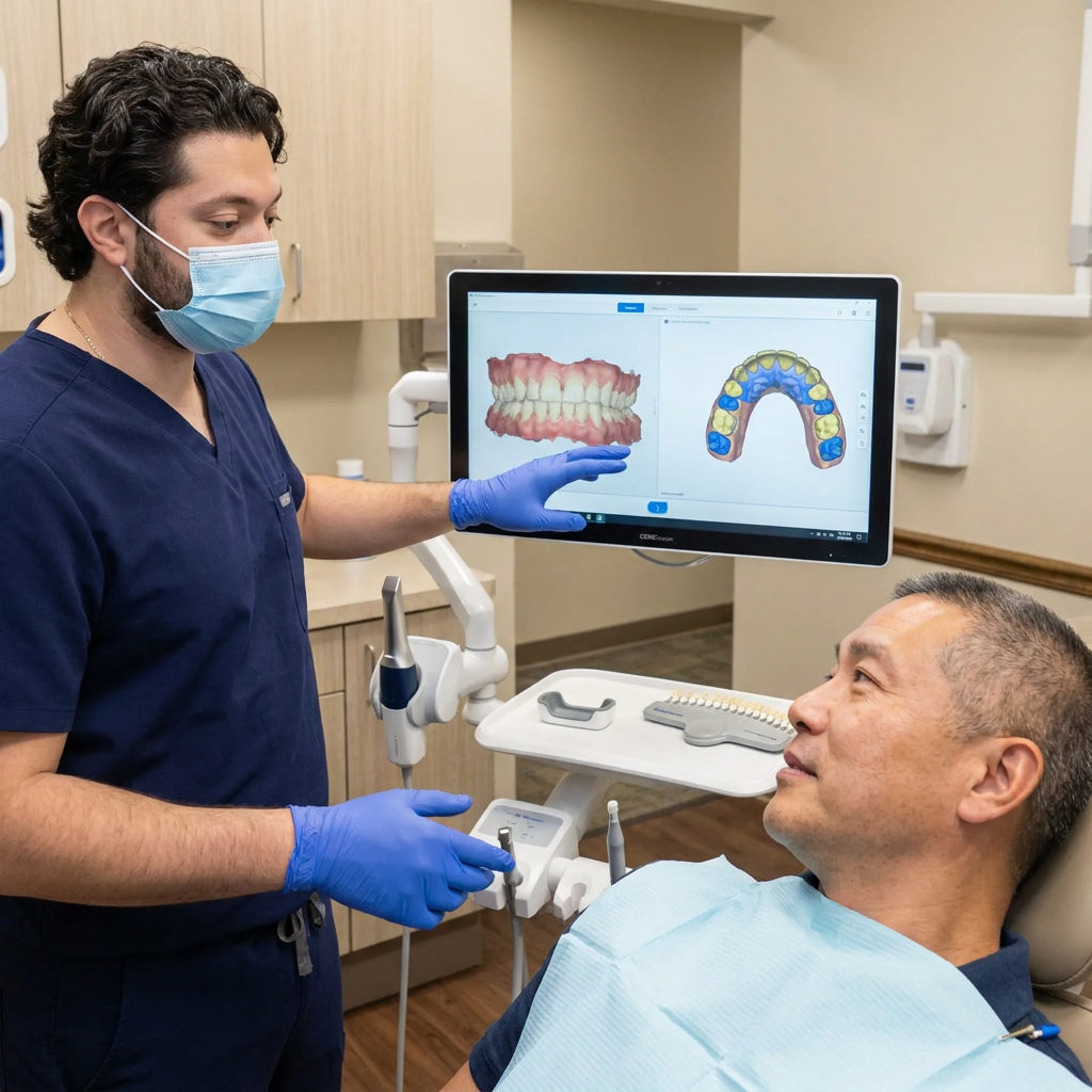 A C. Patrick Gray, DDS. dentist in Flint reviews a 3D digital reconstruction plan on a CEREC screen with an attentive patient.
