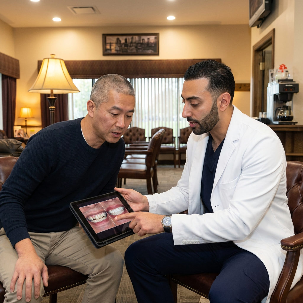 A C. Patrick Gray, DDS. dentist in Flint shows a patient a digital reconstruction plan on a tablet during a smile consultation.