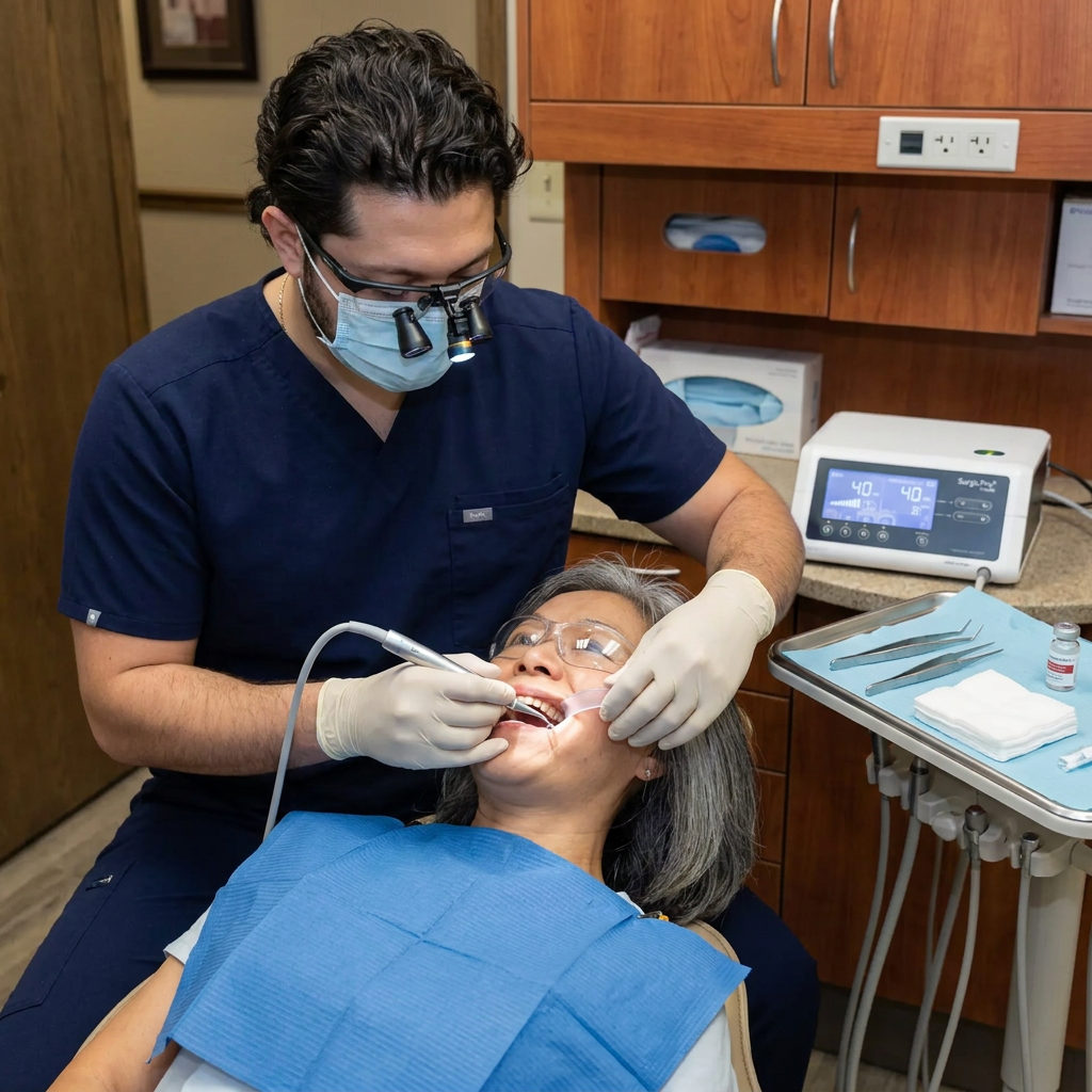 A C. Patrick Gray, DDS. dentist in Flint uses a surgical handpiece and loupes to perform a precise procedure for a reclined patient.