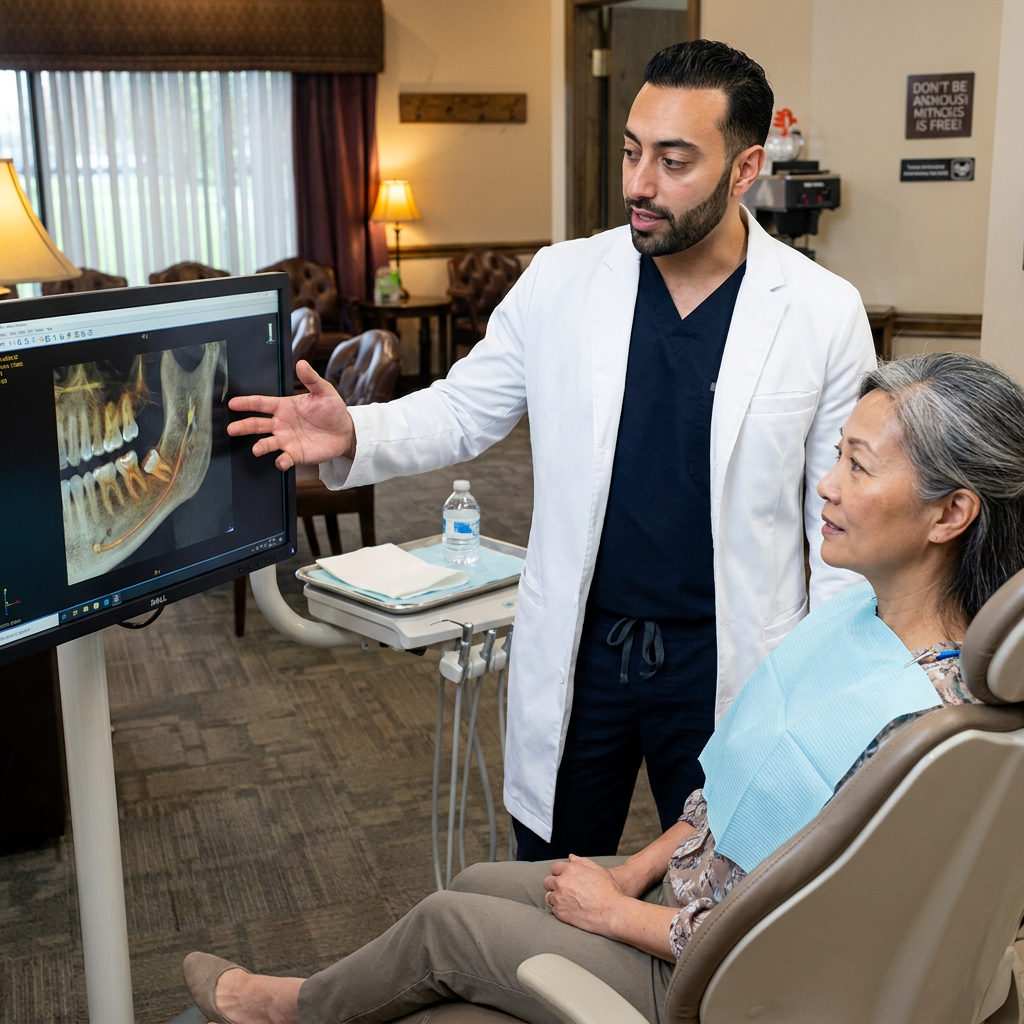 A C. Patrick Gray, DDS. dentist explains a 3D jaw scan to a patient during an oral surgery consultation in Flint, Michigan.
