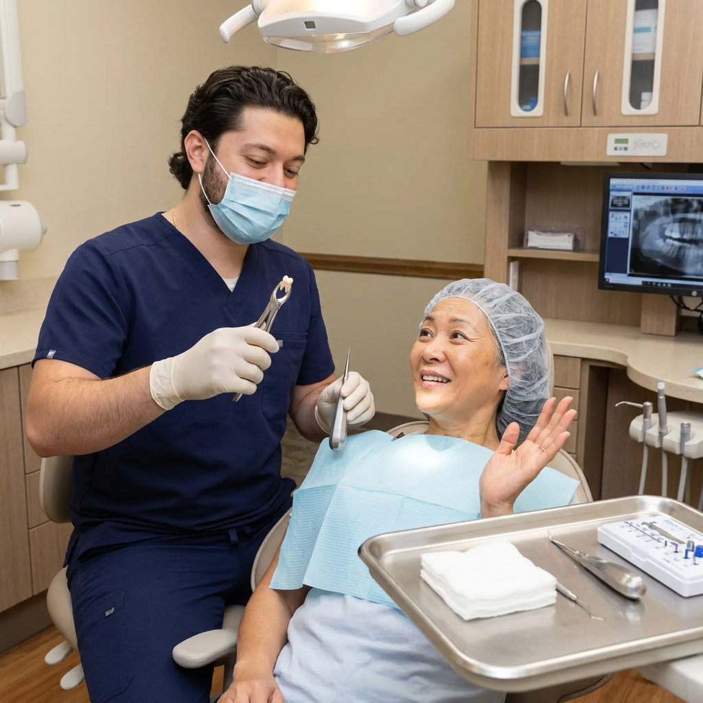 A C. Patrick Gray, DDS. dentist in Flint shows a patient an extracted tooth in forceps after a successful oral surgery procedure.