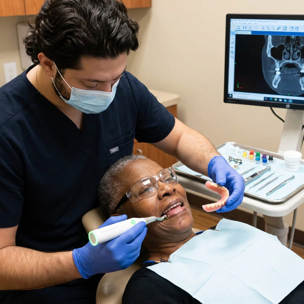 A Flint dentist at C. Patrick Gray, DDS. uses a handheld stability device near a reclining patient to prepare for an over-denture.