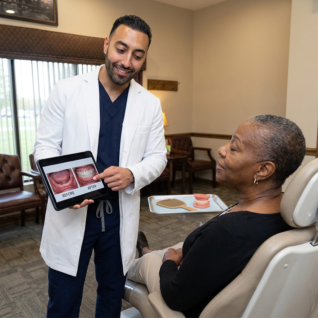 A C. Patrick Gray, DDS. clinician in Flint shows a patient a tablet with before and after photos of an implant over-denture restoration.