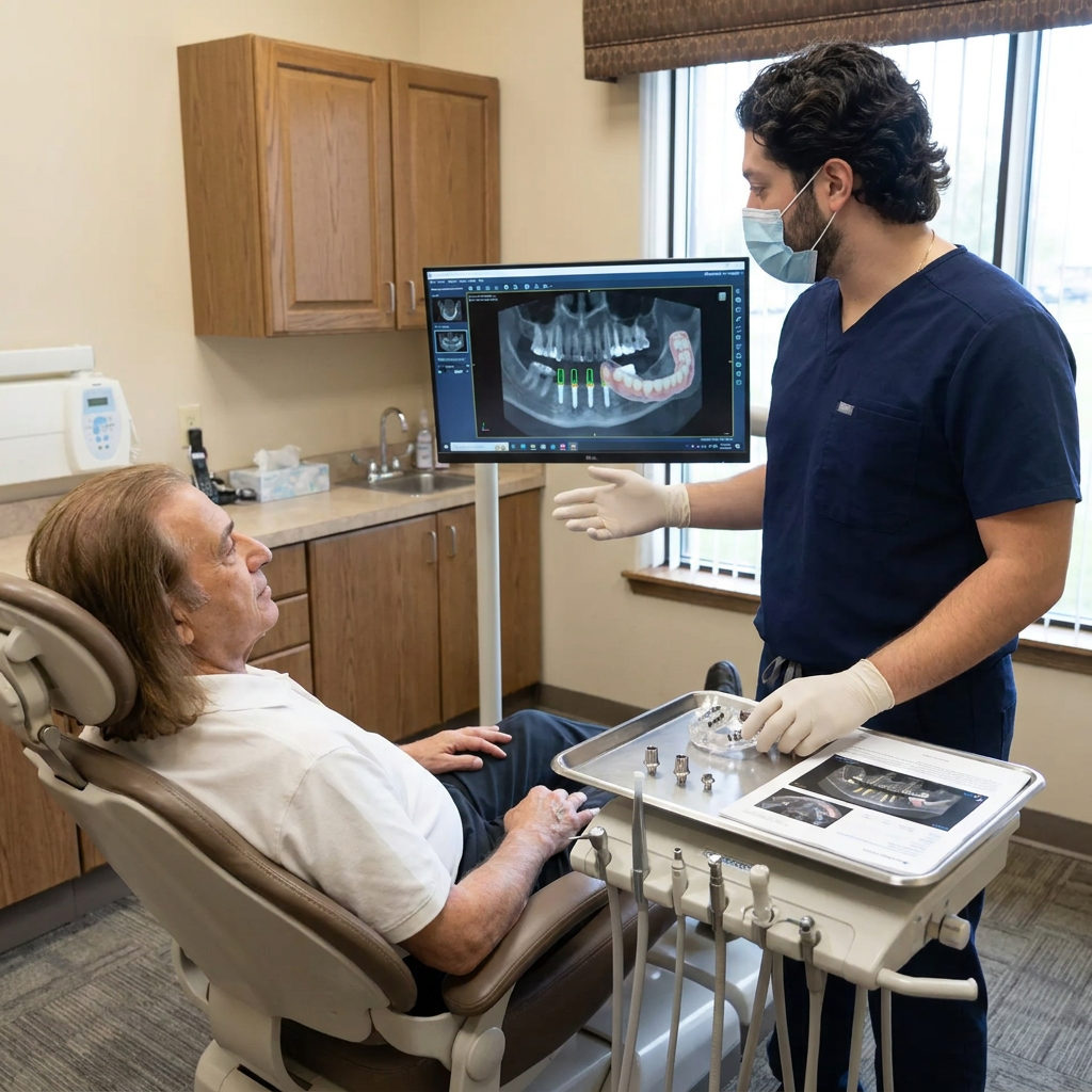 A C. Patrick Gray, DDS. dentist in Flint, MI shows a patient an implant-supported denture plan on a 3D digital screen.